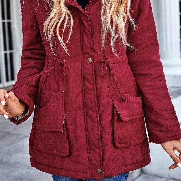 Red Preppy Womens Fuzzy Trim Hooded Drawstring Waist Teddy Lined Parka Coat - Picture 5 of 5